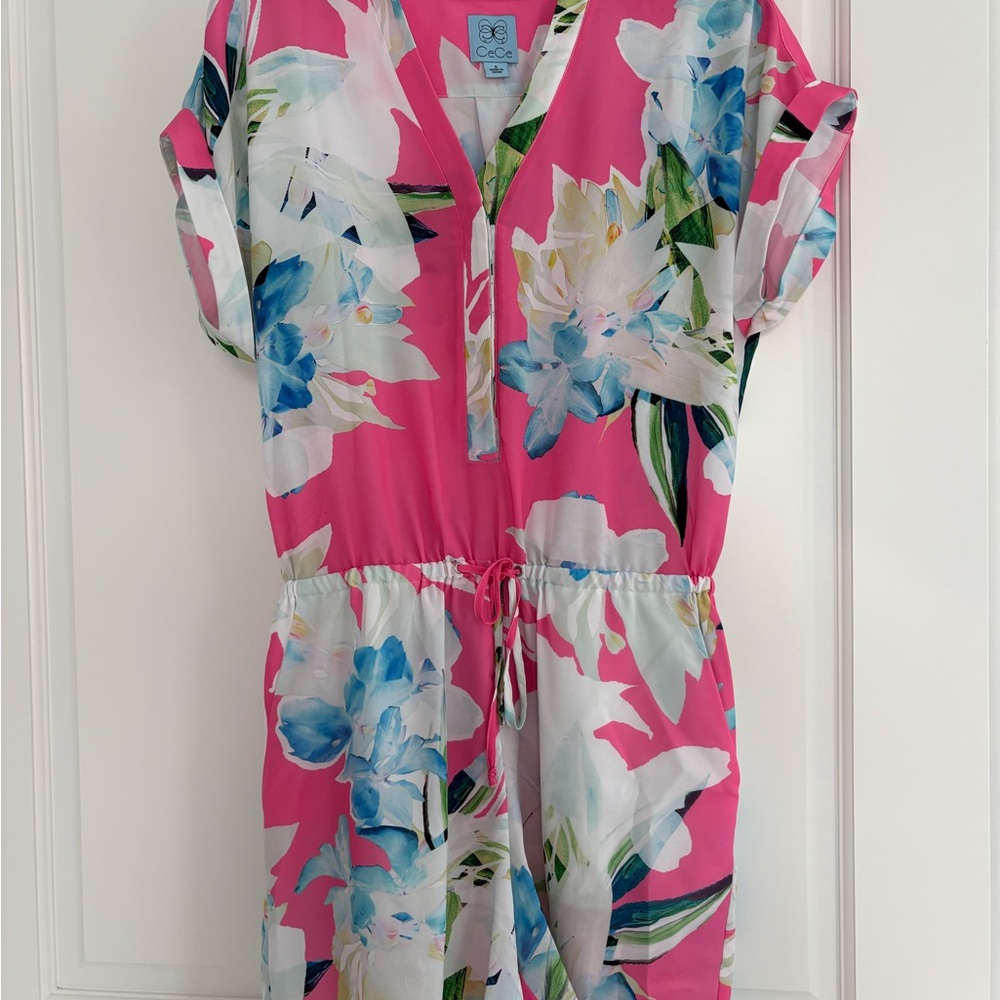 CeCe Pink Romper with Blue and Green Accents